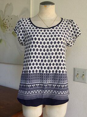 TOGETHER CLOTHING Casual Printed Top Blouse Short Sleeve Hemline Blue S
